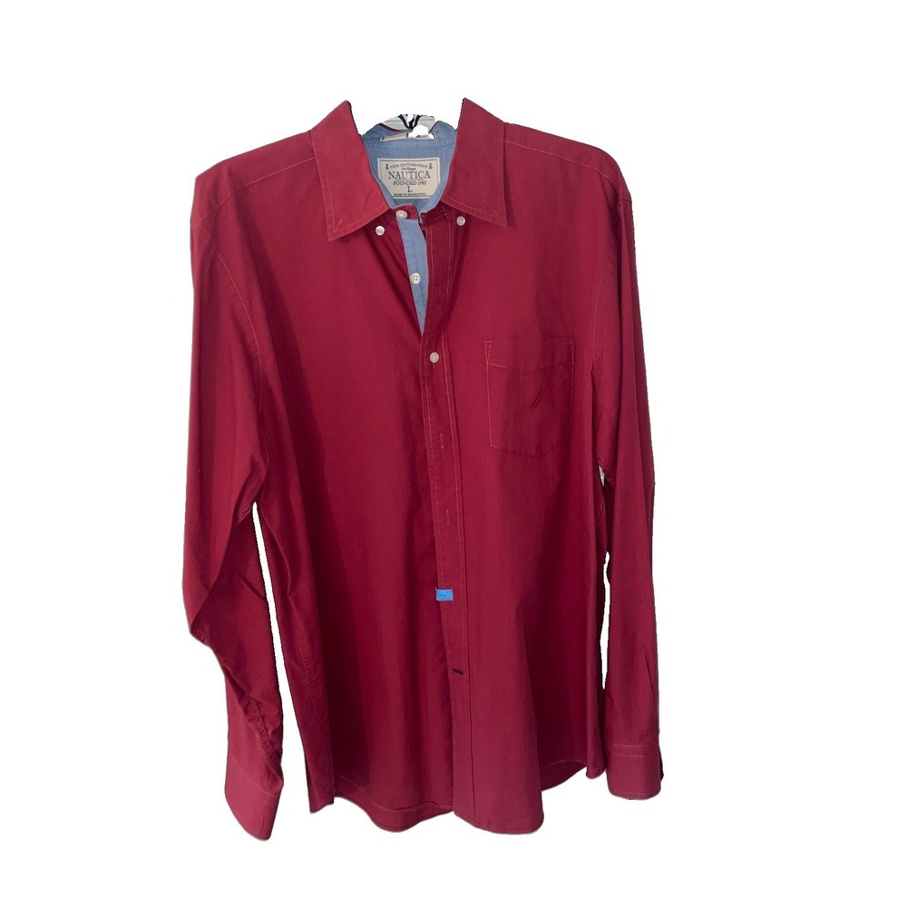 Nautica Button Down Shirt Mens Large Red Solid Long Sleeve Pockets Preppy